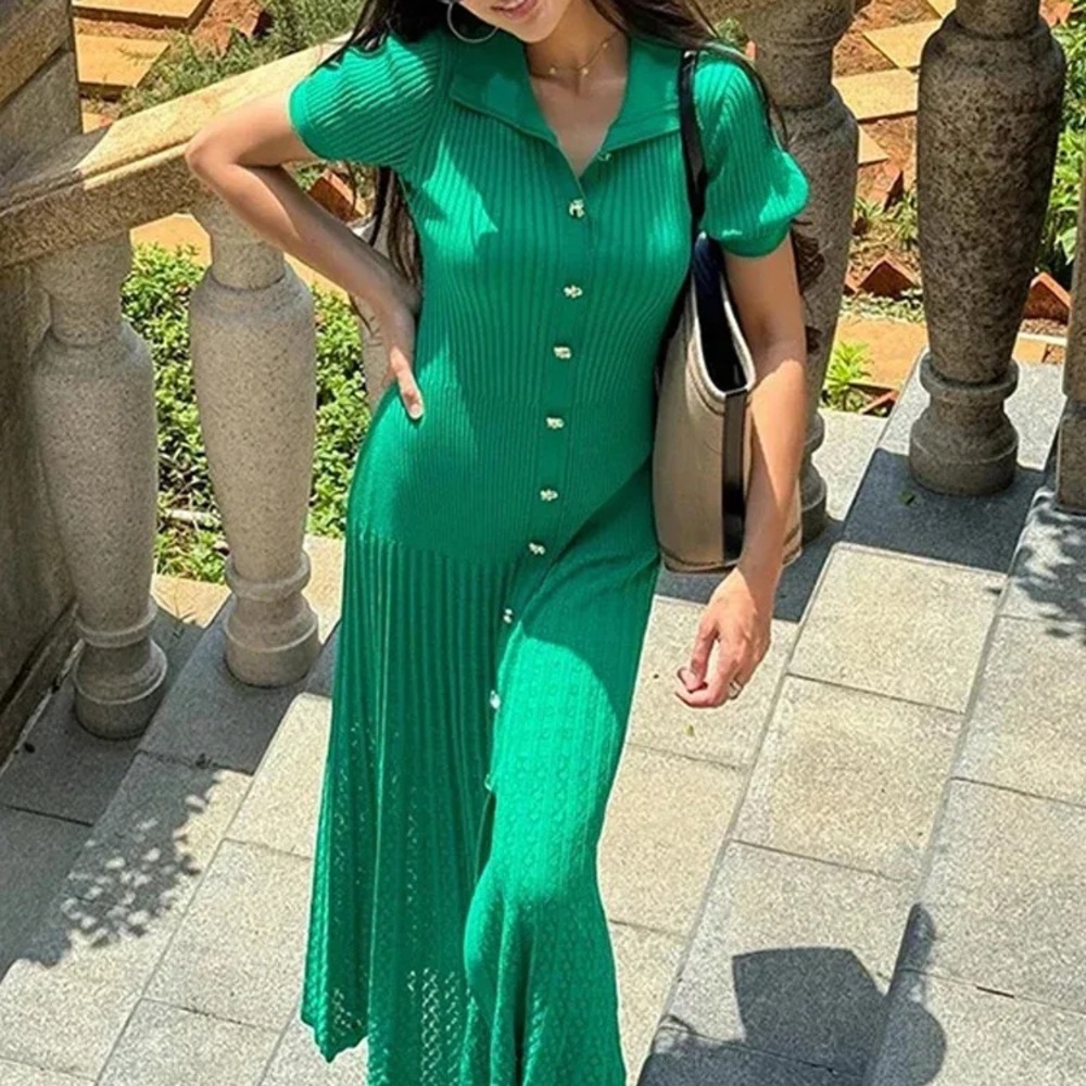 Sandro Emerald Green Ribbed Button-Front Midi Dress
